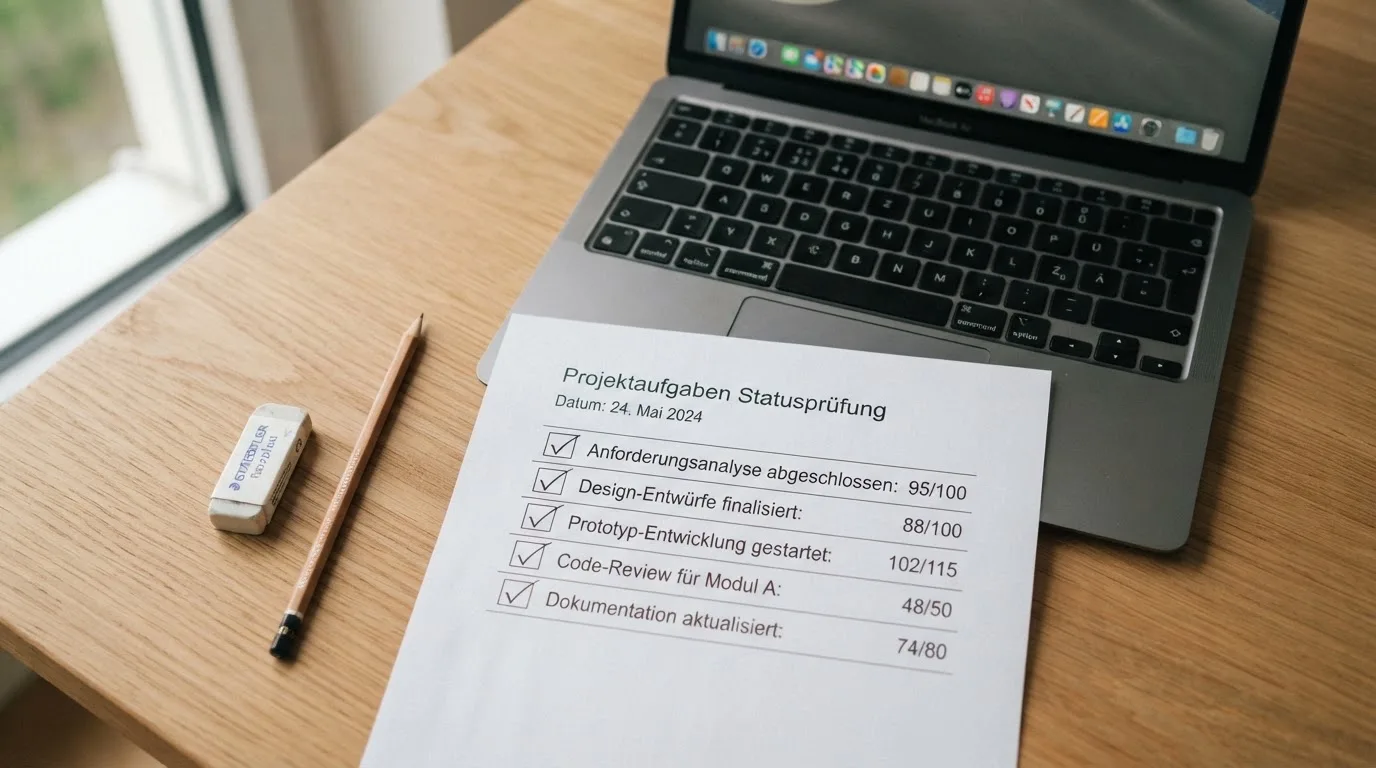 Checkliste mit angehakten Kriterien und Punktzahlen neben einem Laptop.