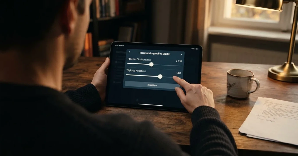 Nahaufnahme eines Dashboards mit Reglern für Einzahlungs- und Verlustlimits auf einem Tablet-Bildschirm.