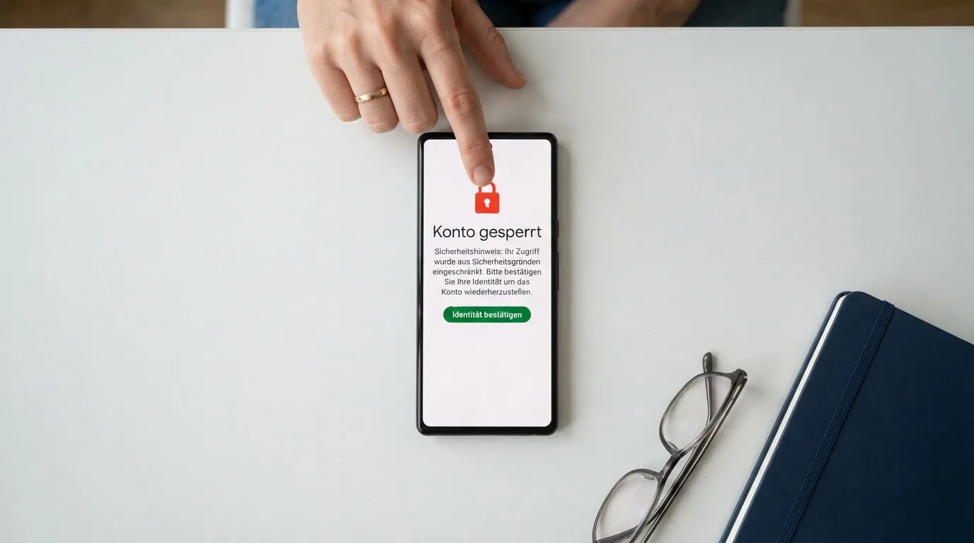 Person tippt auf einem Smartphone-Bildschirm mit einer Bestätigungsseite für eine Kontosperre.